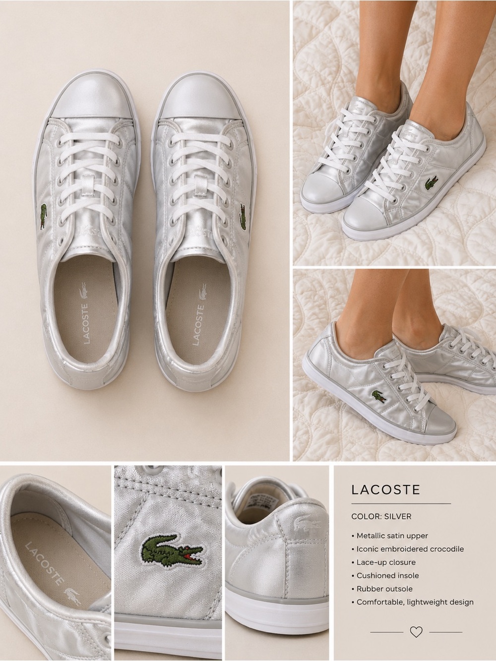 Lacoste Women's Silver Metallic Low-Top Sneakers 5.5